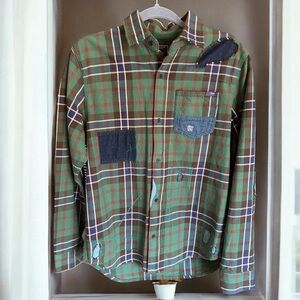 PRPS Scribble‎ Embroidered Patch Plaid Shirt Green Flannel Denim S